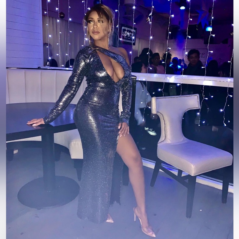 Sexy Sequined One Shoulder Silver Maxi Dress